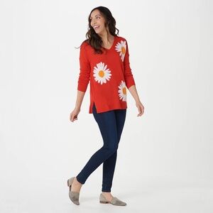 Laurie Felt LA Cashmere blend Sweet  Floral Sweater Orange Daisy Design  Small